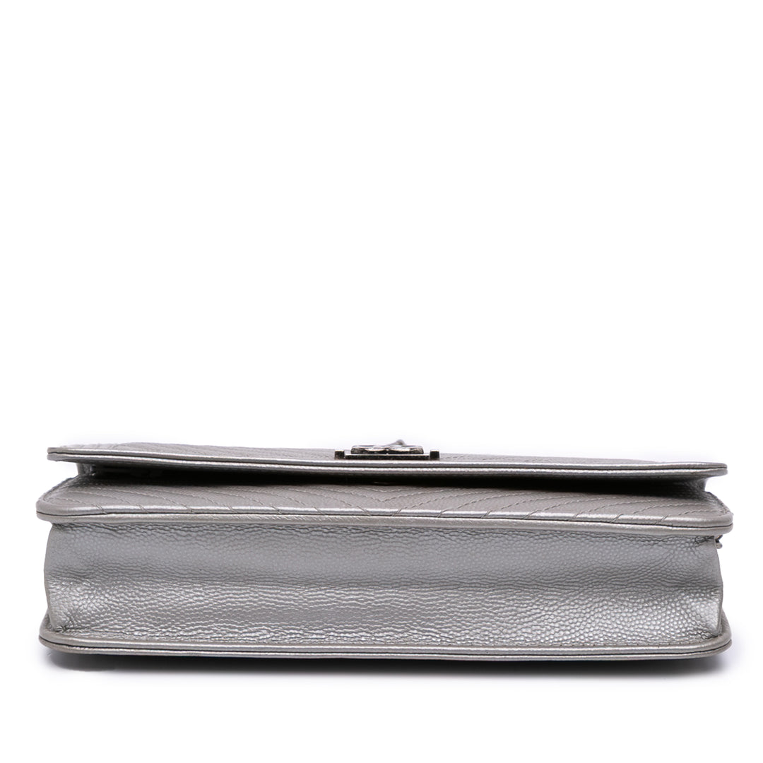 Chevron Metallic Caviar Boy Wallet On Chain Silver - Gaby Paris