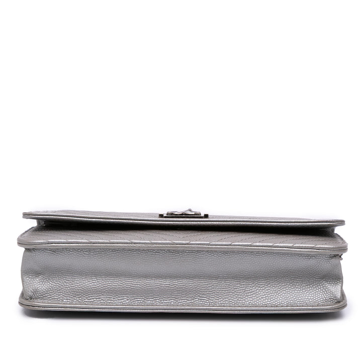 Chevron Metallic Caviar Boy Wallet On Chain Silver - Gaby Paris