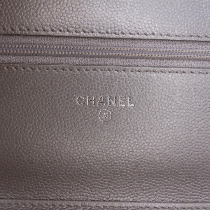 Chevron Metallic Caviar Boy Wallet On Chain Silver - Gaby Paris