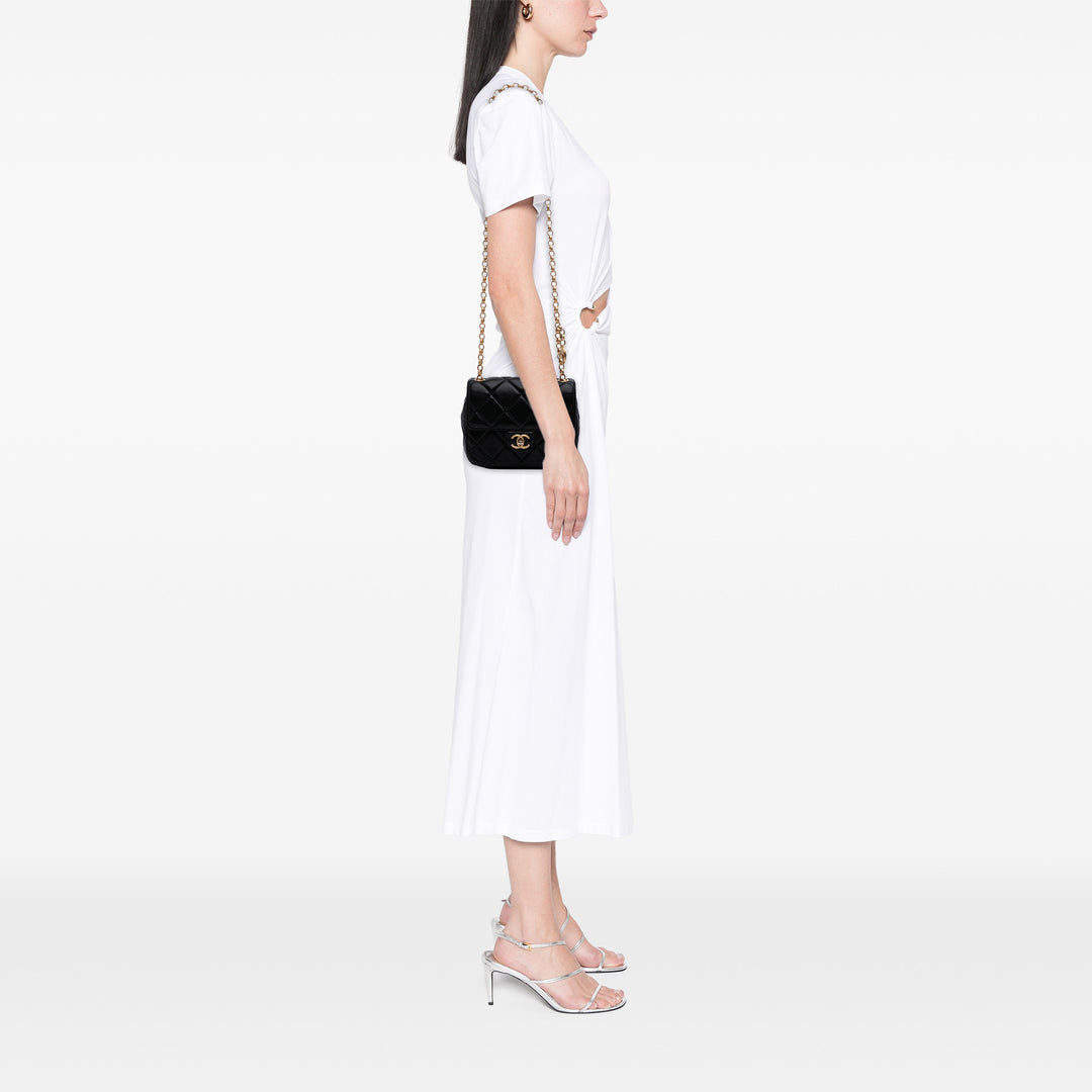 Chanel Mini Square Matelassé Cuir d’agneau Bijoux Logo Chain à rabat