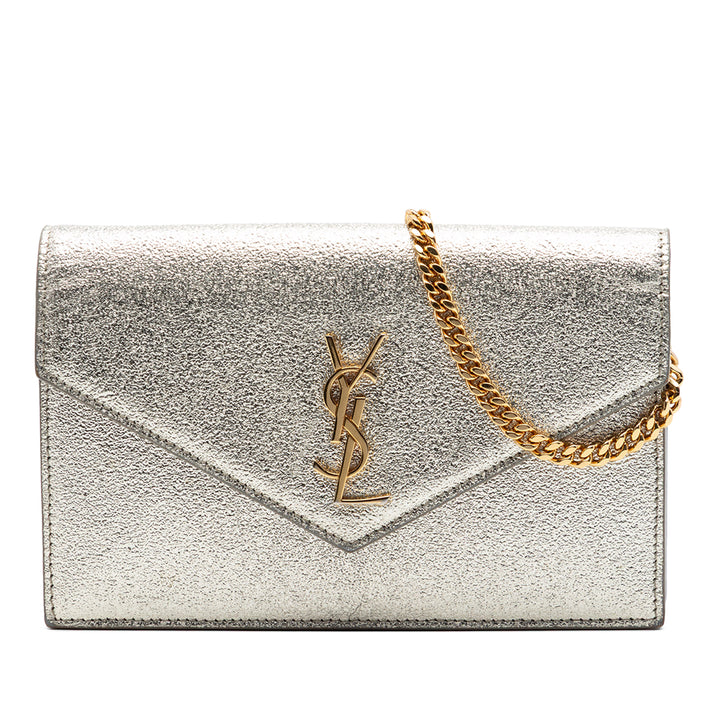 Saint Laurent Metallic Textured Cuir de veau Envelope Wallet on Chain