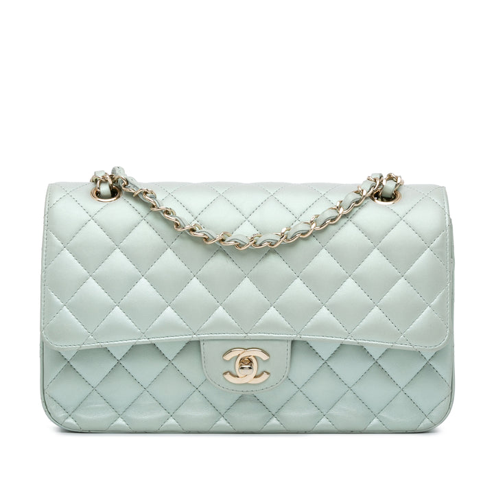 Medium Classic Iridescent Lambskin Double Flap Blue - Gaby Paris