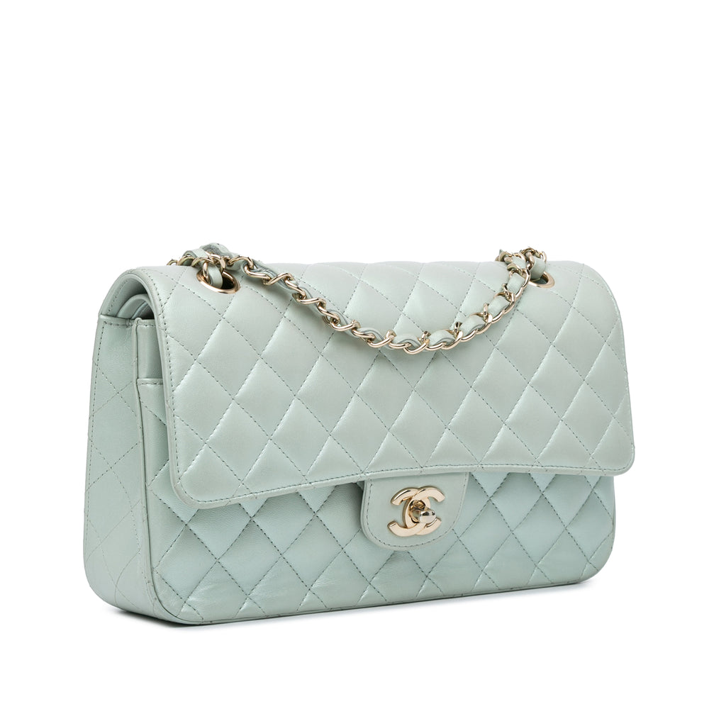 Medium Classic Iridescent Lambskin Double Flap Blue - Gaby Paris