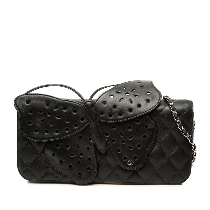 Matelassé Butterfly Pochette avec chaîne Cuir d'agneau Noir
