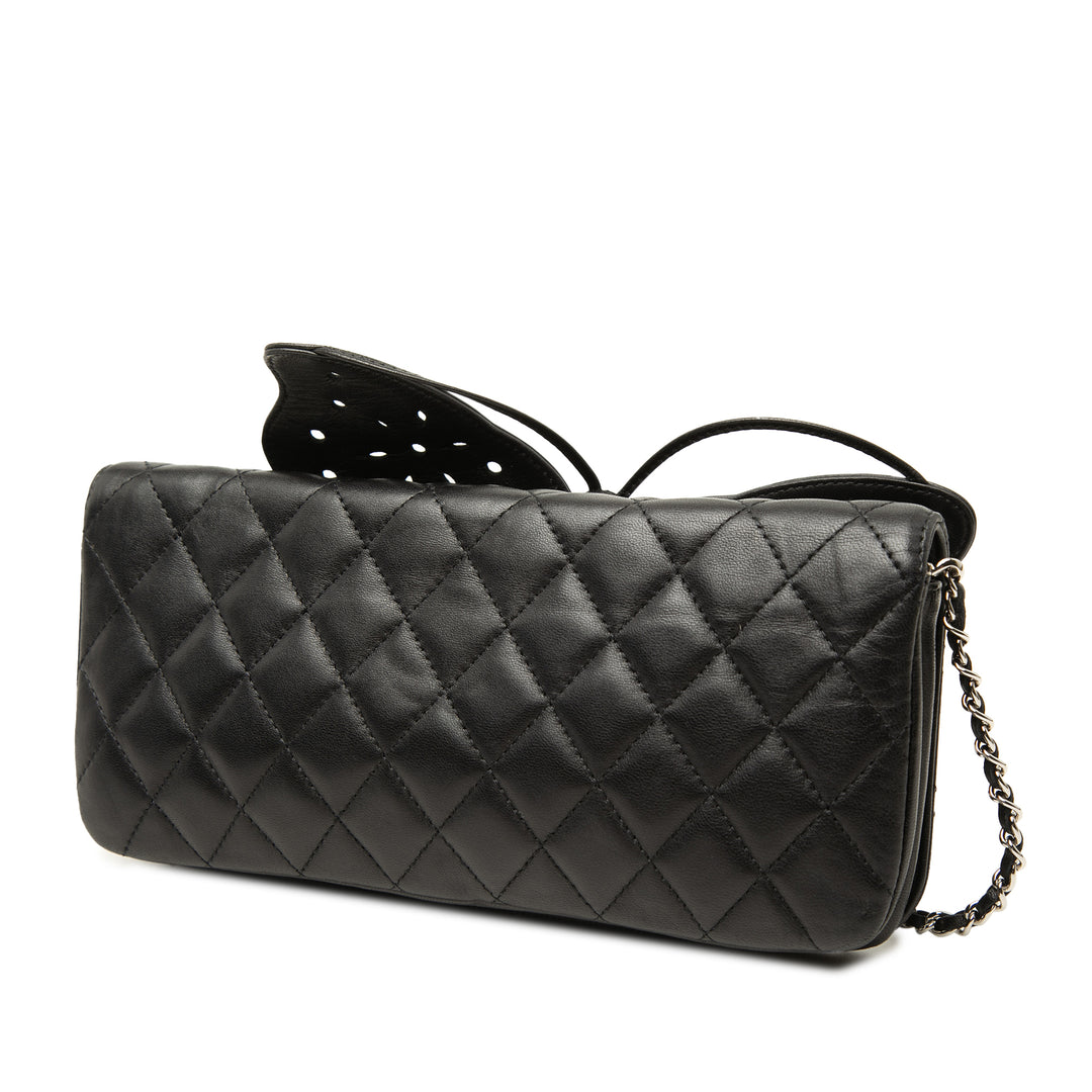 Matelassé Butterfly Pochette avec chaîne Cuir d'agneau Noir