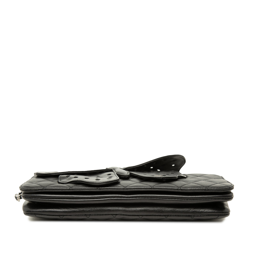 Matelassé Butterfly Pochette avec chaîne Cuir d'agneau Noir