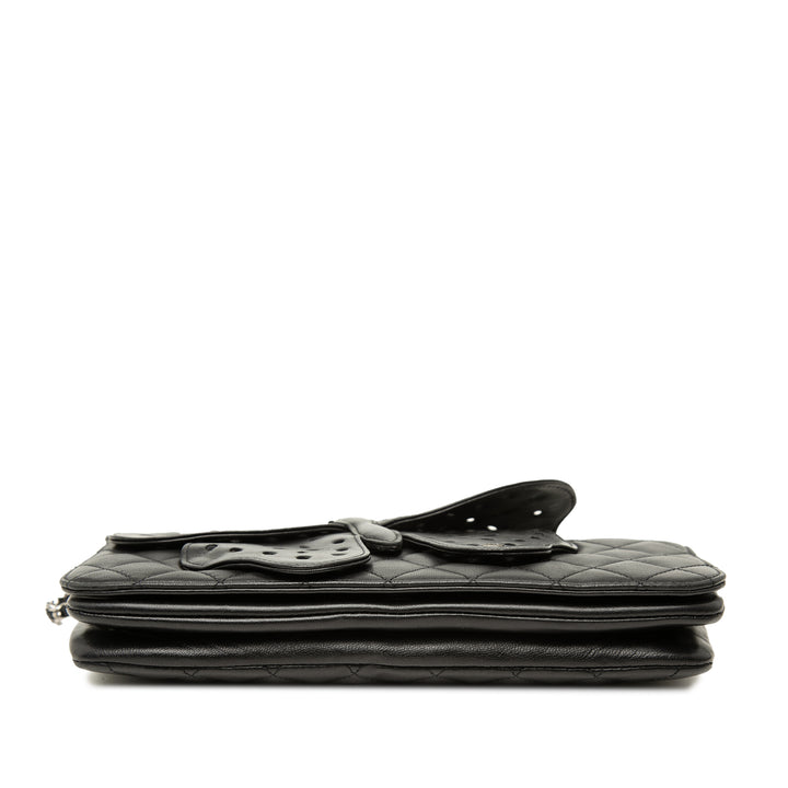 Matelassé Butterfly Pochette avec chaîne Cuir d'agneau Noir