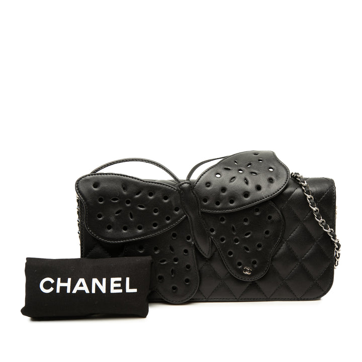 Matelassé Butterfly Pochette avec chaîne Cuir d'agneau Noir