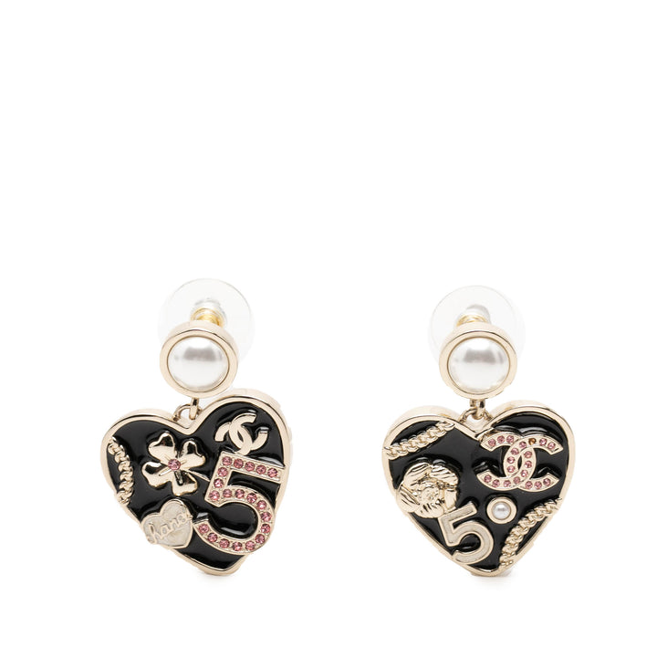 Chanel CC plaqué Perles fantaisie Strass et Resin Heart pendantes fermoir poussette Boucles d’oreilles