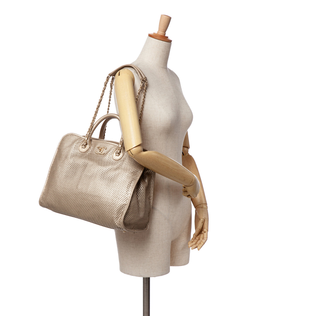 Perforated Metallic Calfskin Up In The Air Tote Gold - Gaby Paris