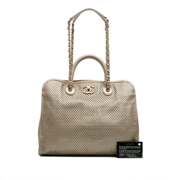 Perforated Metallic Calfskin Up In The Air Tote Gold - Gaby Paris