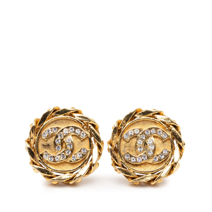Chanel CC plaqué Rhinestone Rond Clip On Boucles d’oreilles