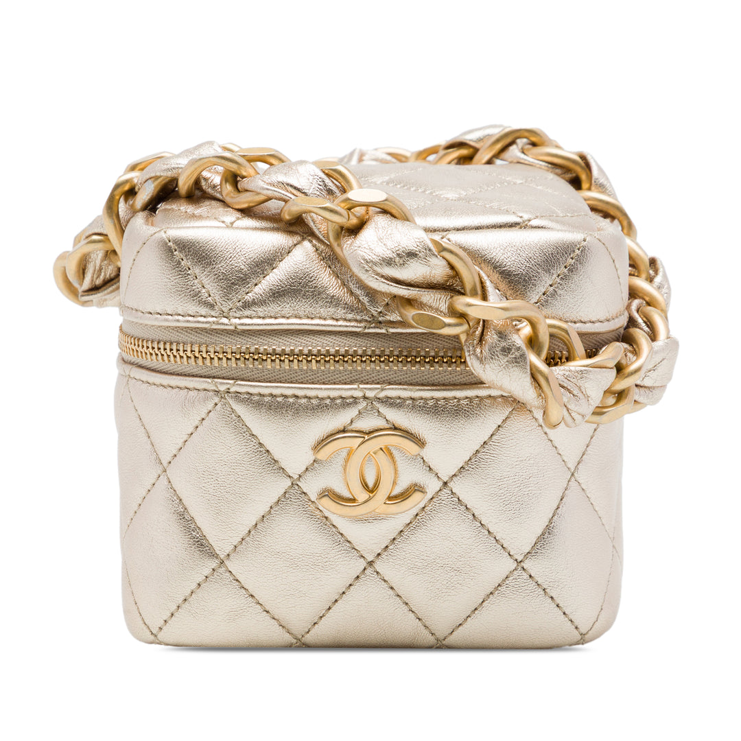 Chanel CC Matelassé Métallisé Cube Zippé Pochette avec chaîne Cuir d'agneau Doré