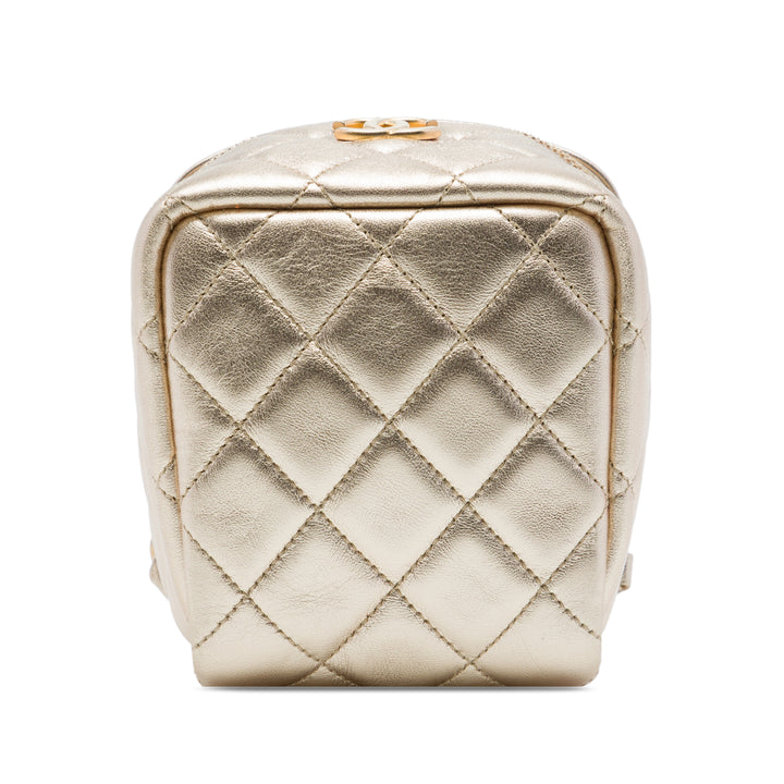 Chanel CC Matelassé Métallisé Cube Zippé Pochette avec chaîne Cuir d'agneau Doré