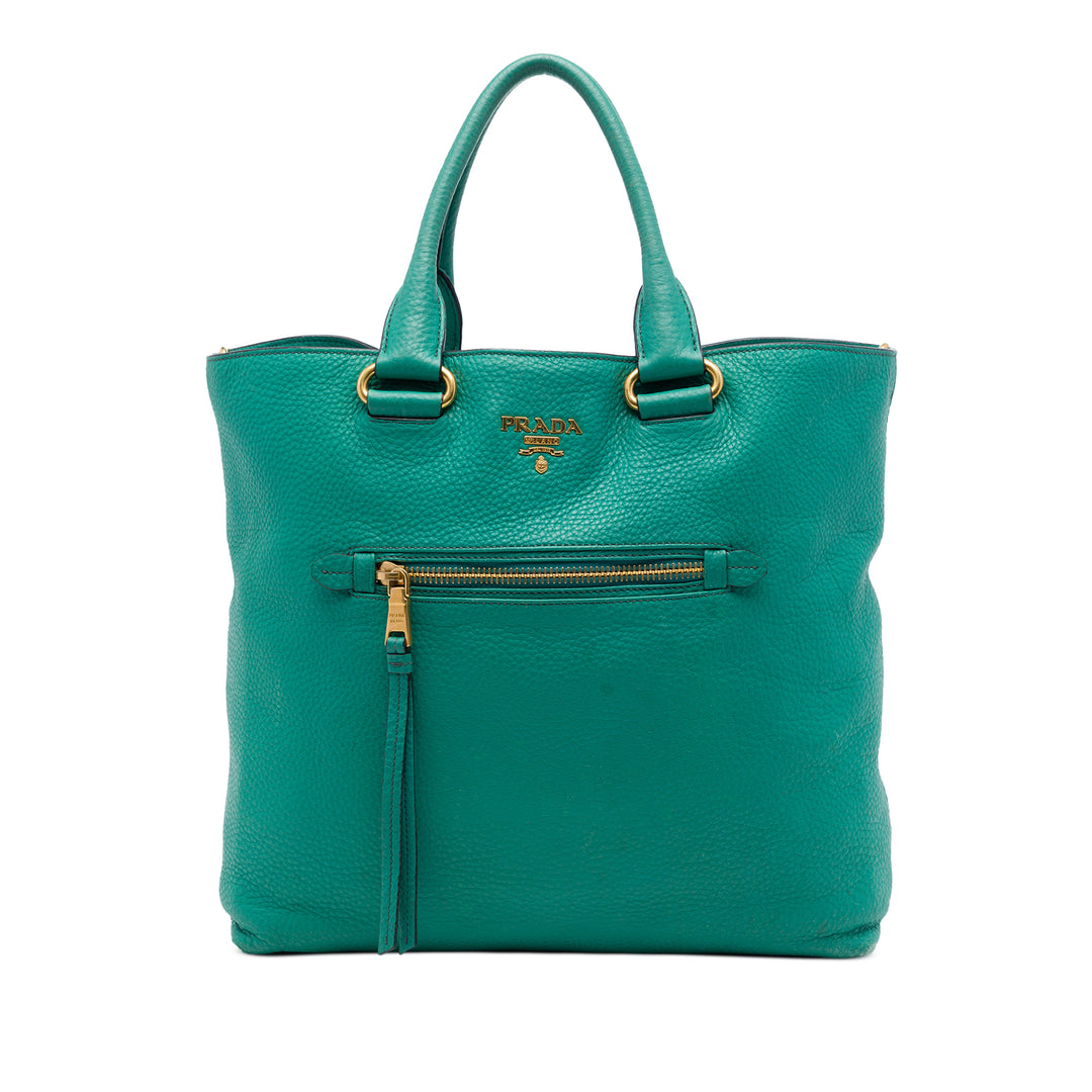 Prada Vitello Daino Front Zippé Open Cabas Bleu – vue principale – GABY PARIS