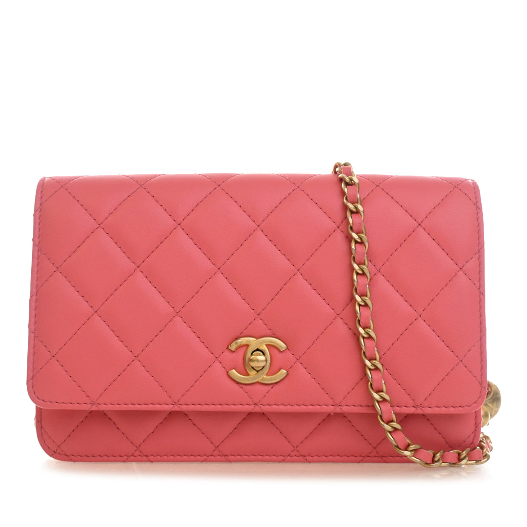 CC Matelassé Perle Crush Wallet on Chain Cuir d'agneau Rose