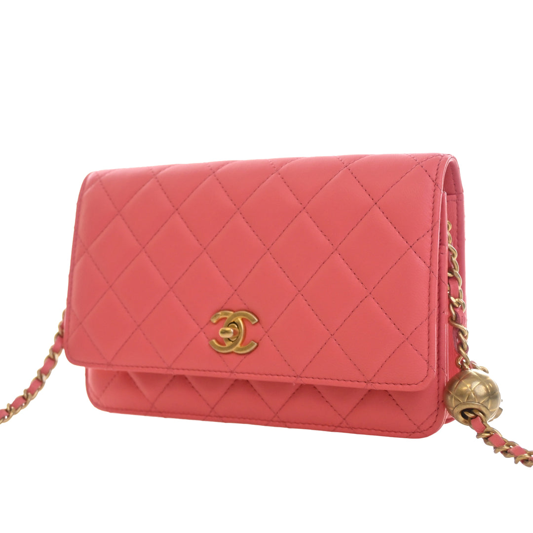 CC Matelassé Perle Crush Wallet on Chain Cuir d'agneau Rose