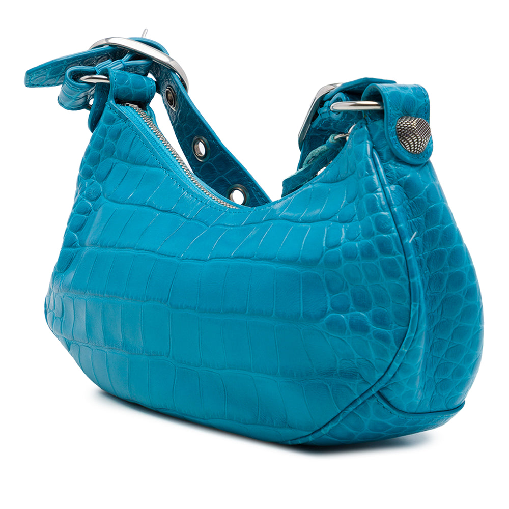 Balenciaga Sac bandoulière Croc embossé Motocross Le Cagole XS Bleu – vue 2 – GABY PARIS