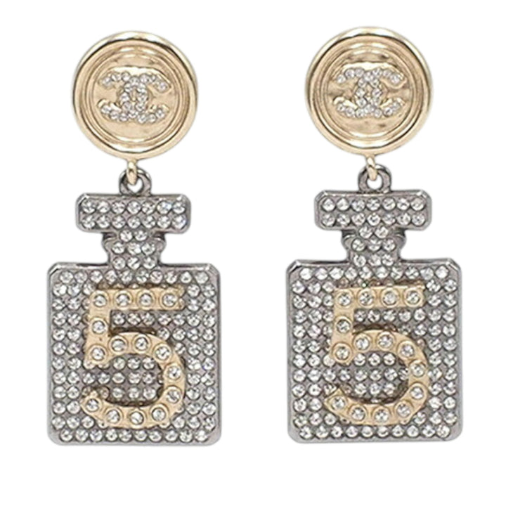 Chanel plaqué et plaqué CC Rhinestone No 5 Perfume Bottle pendantes fermoir poussette Boucles d’oreilles – GABY PARIS Authentique