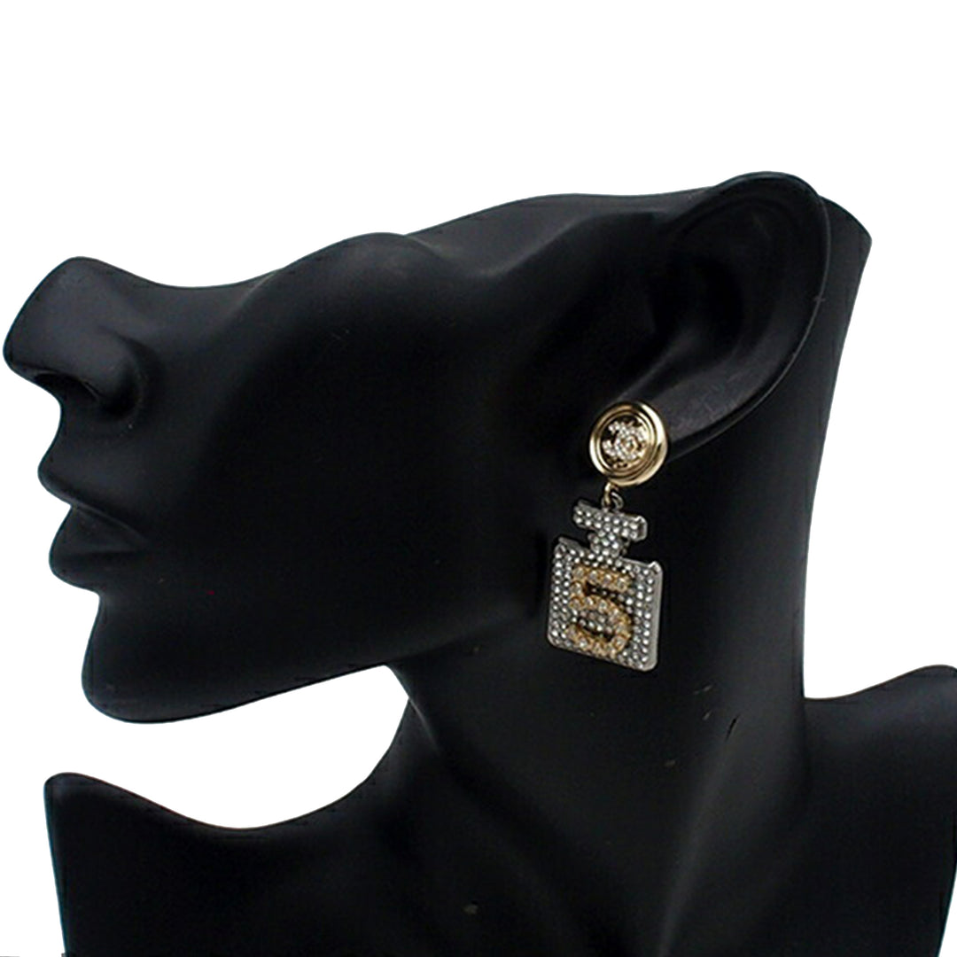 Chanel plaqué et plaqué CC Rhinestone No 5 Perfume Bottle pendantes fermoir poussette Boucles d’oreilles – GABY PARIS Authentique