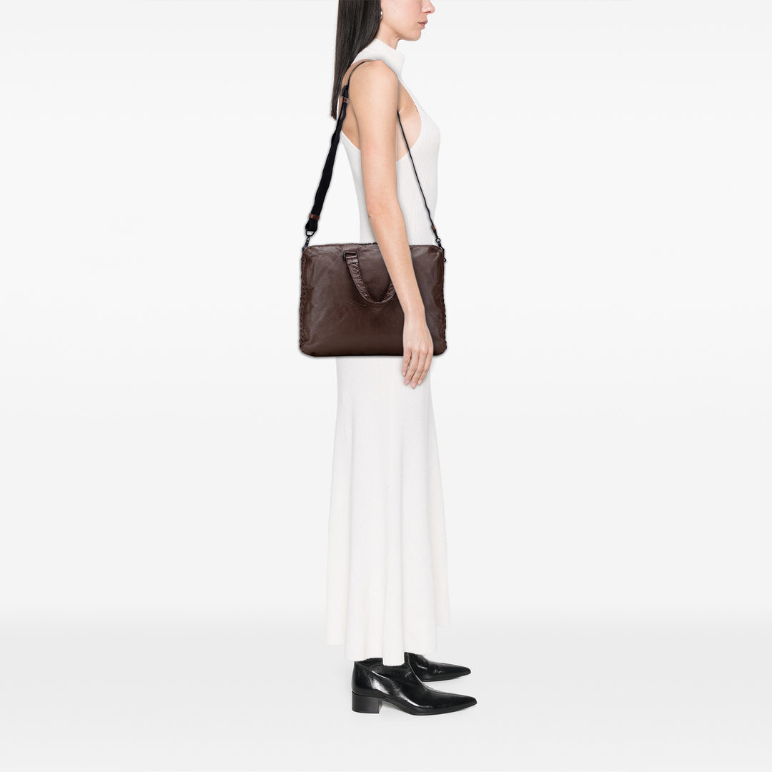 Intrecciato Trimmed Nappa Business Bag Brown - Gaby Paris