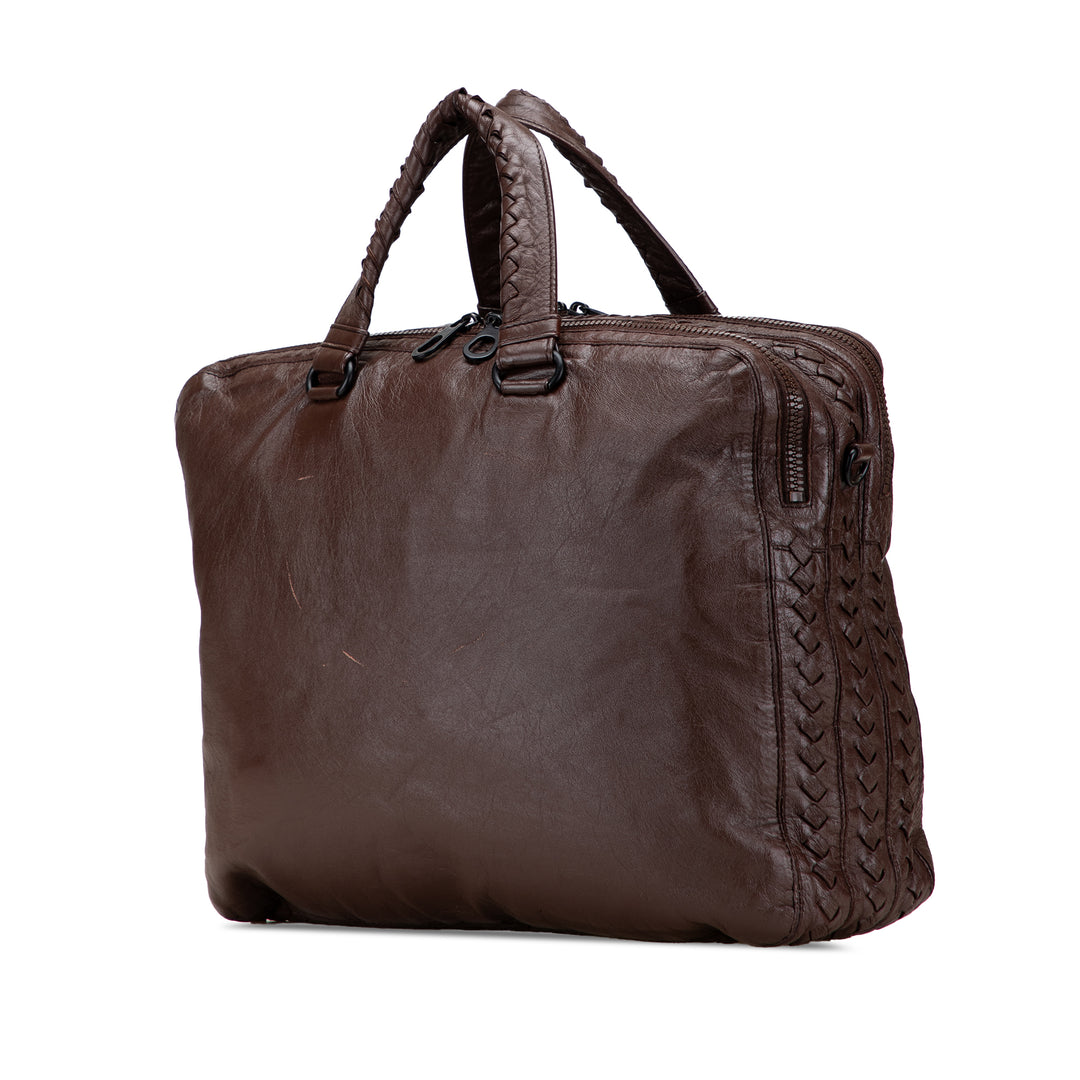 Intrecciato Trimmed Nappa Business Bag Brown - Gaby Paris