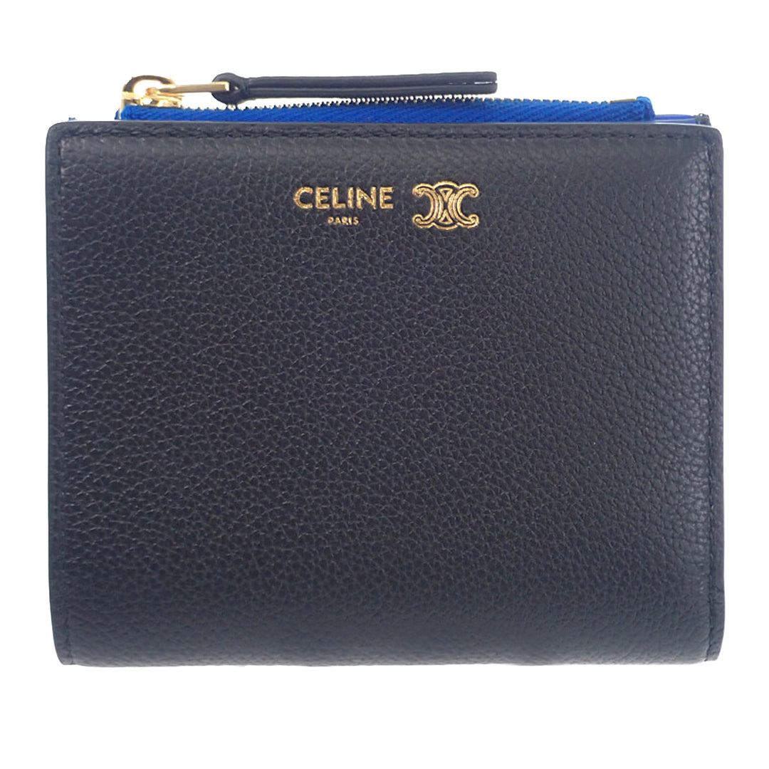 Celine Souple grainé Triomphe Compact Portefeuille Cuir de veau grainé Noir