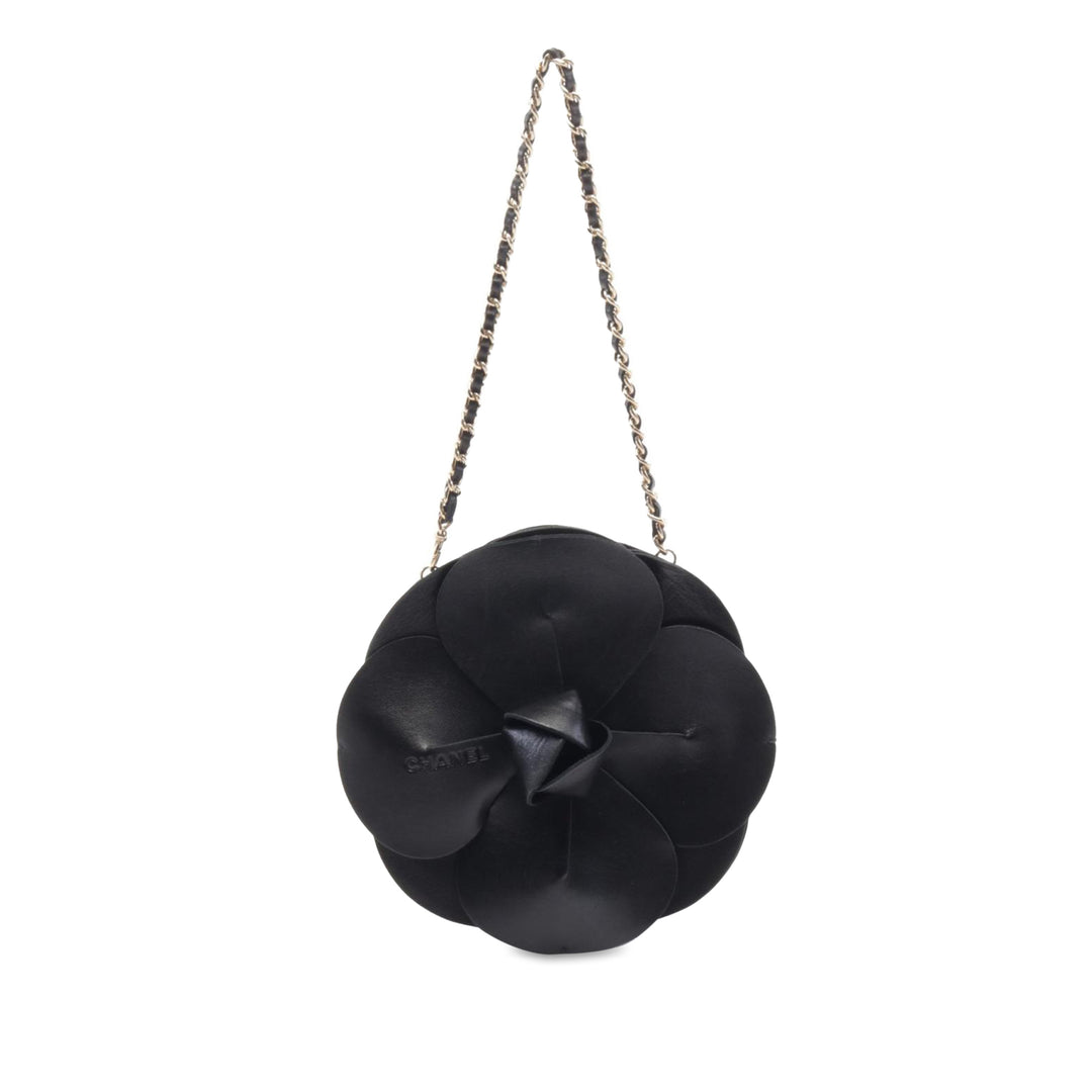 Lambskin and Satin Camellia Flower Evening Bag Black - Gaby Paris