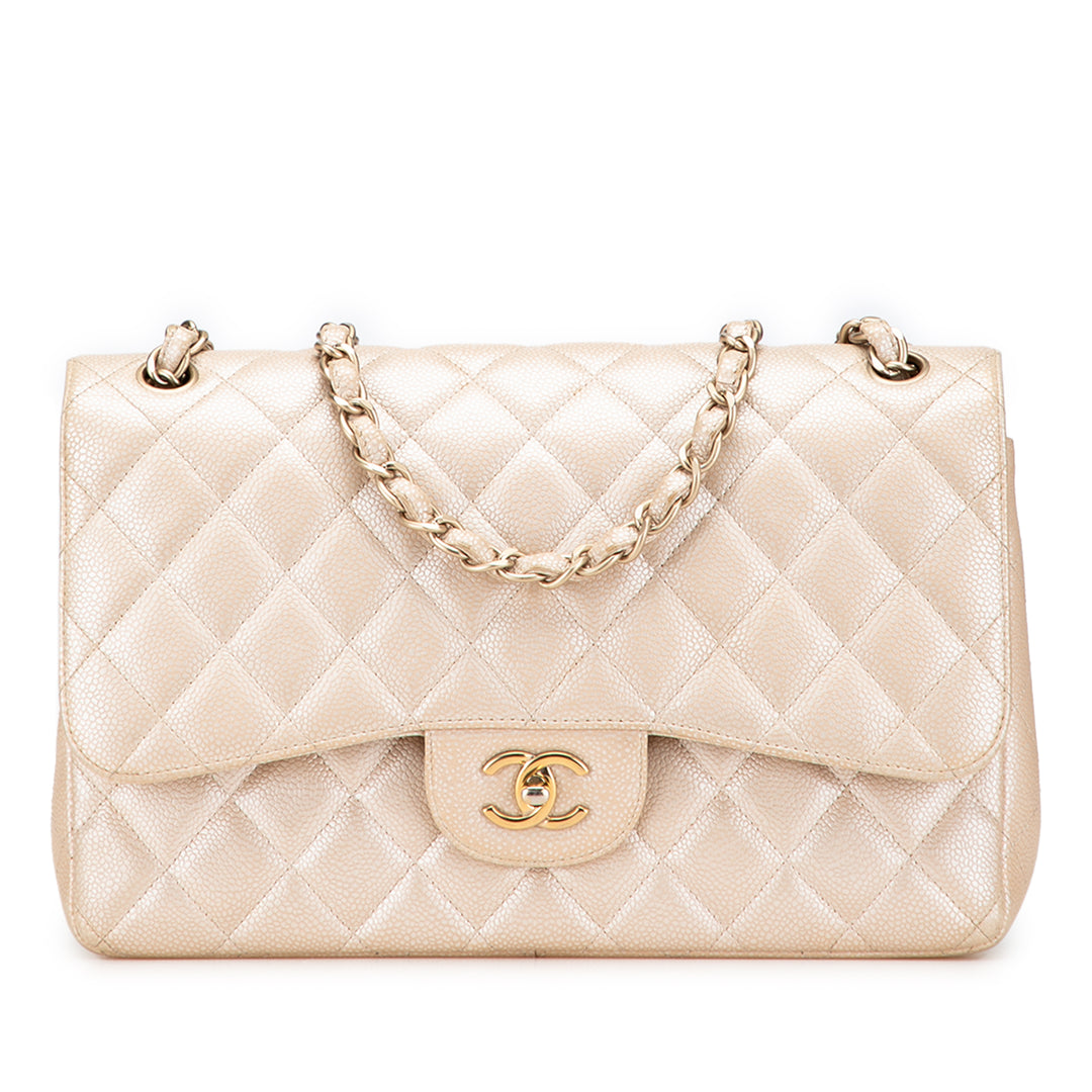 Jumbo Classic Iridescent Caviar Double Flap Gold - Gaby Paris