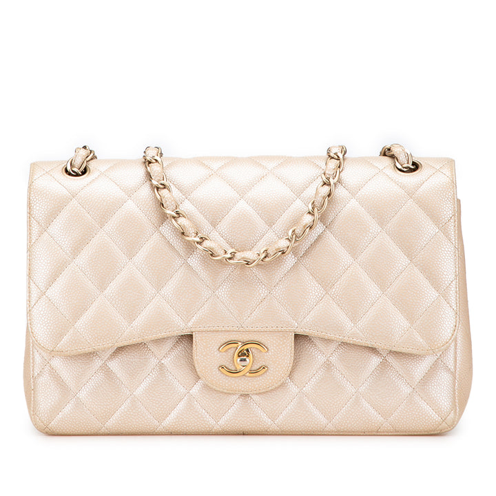 Jumbo Classic Iridescent Caviar Double Flap Gold - Gaby Paris