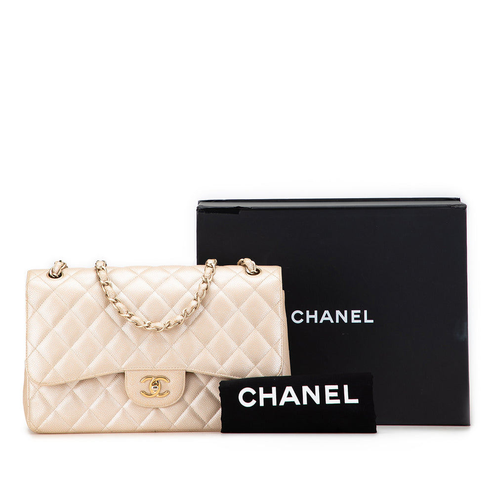 Jumbo Classic Iridescent Caviar Double Flap Gold - Gaby Paris