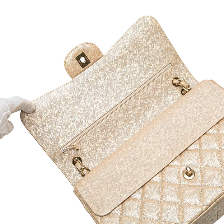Jumbo Classic Iridescent Caviar Double Flap Gold - Gaby Paris