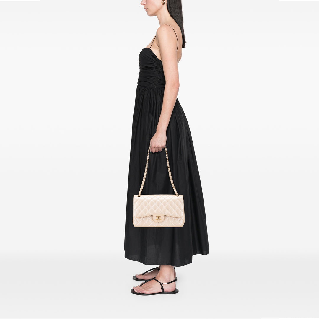 Jumbo Classic Iridescent Caviar Double Flap Gold - Gaby Paris
