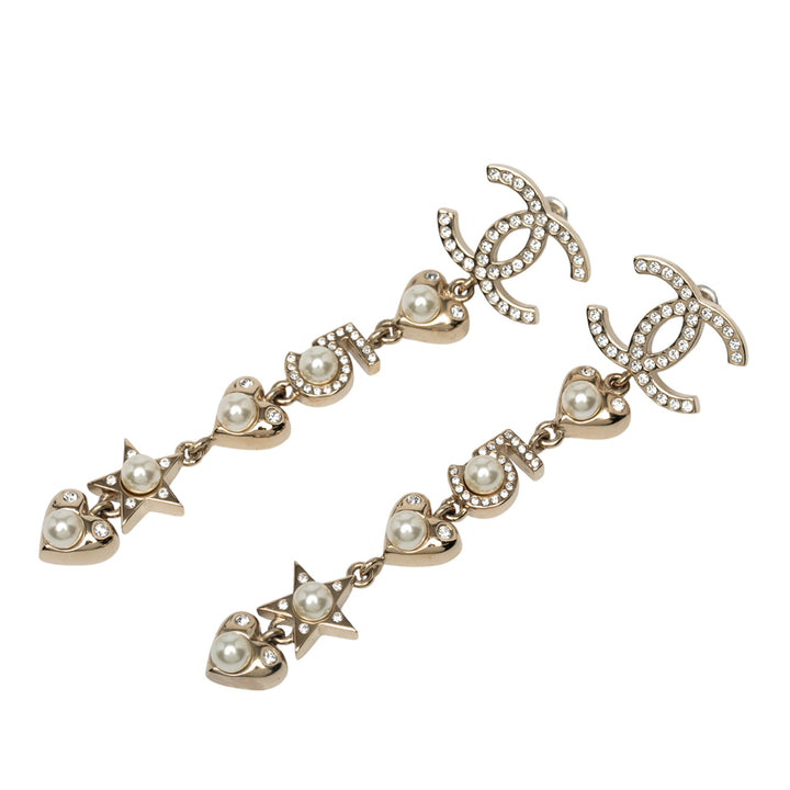 Chanel Doré Plated CC Crystal Faux Pearl Charming Winter Star Heart Drop Push Back Boucle d’oreilles Doré