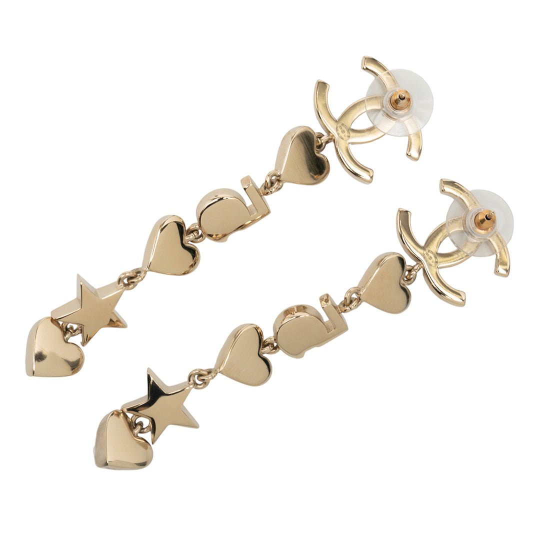 Chanel Doré Plated CC Crystal Faux Pearl Charming Winter Star Heart Drop Push Back Boucle d’oreilles Doré