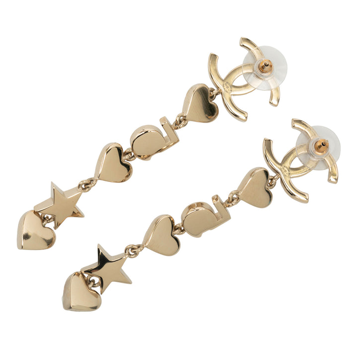 Chanel Doré Plated CC Crystal Faux Pearl Charming Winter Star Heart Drop Push Back Boucle d’oreilles Doré