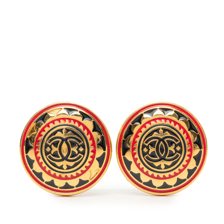 Chanel CC plaqué Émail Rond À clip Boucles d'oreilles Métal