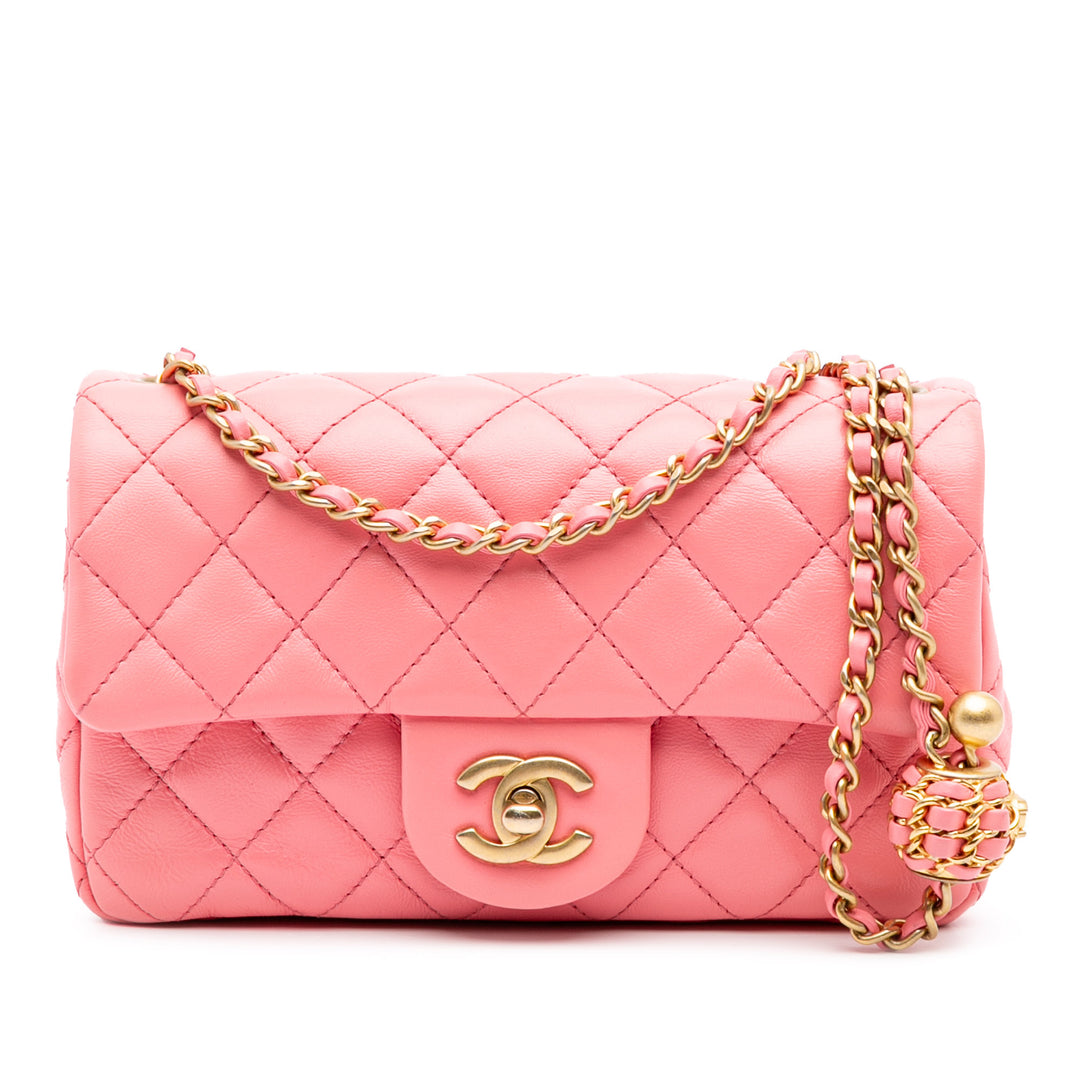 Mini Rectangular Classic Lambskin Pearl Crush Single Flap Pink - Gaby Paris