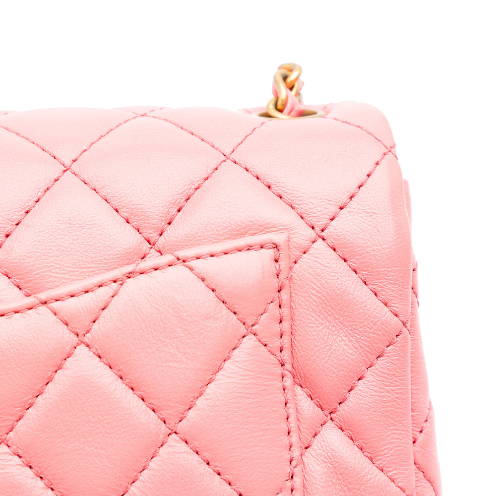 Mini Rectangular Classic Lambskin Pearl Crush Single Flap Pink - Gaby Paris