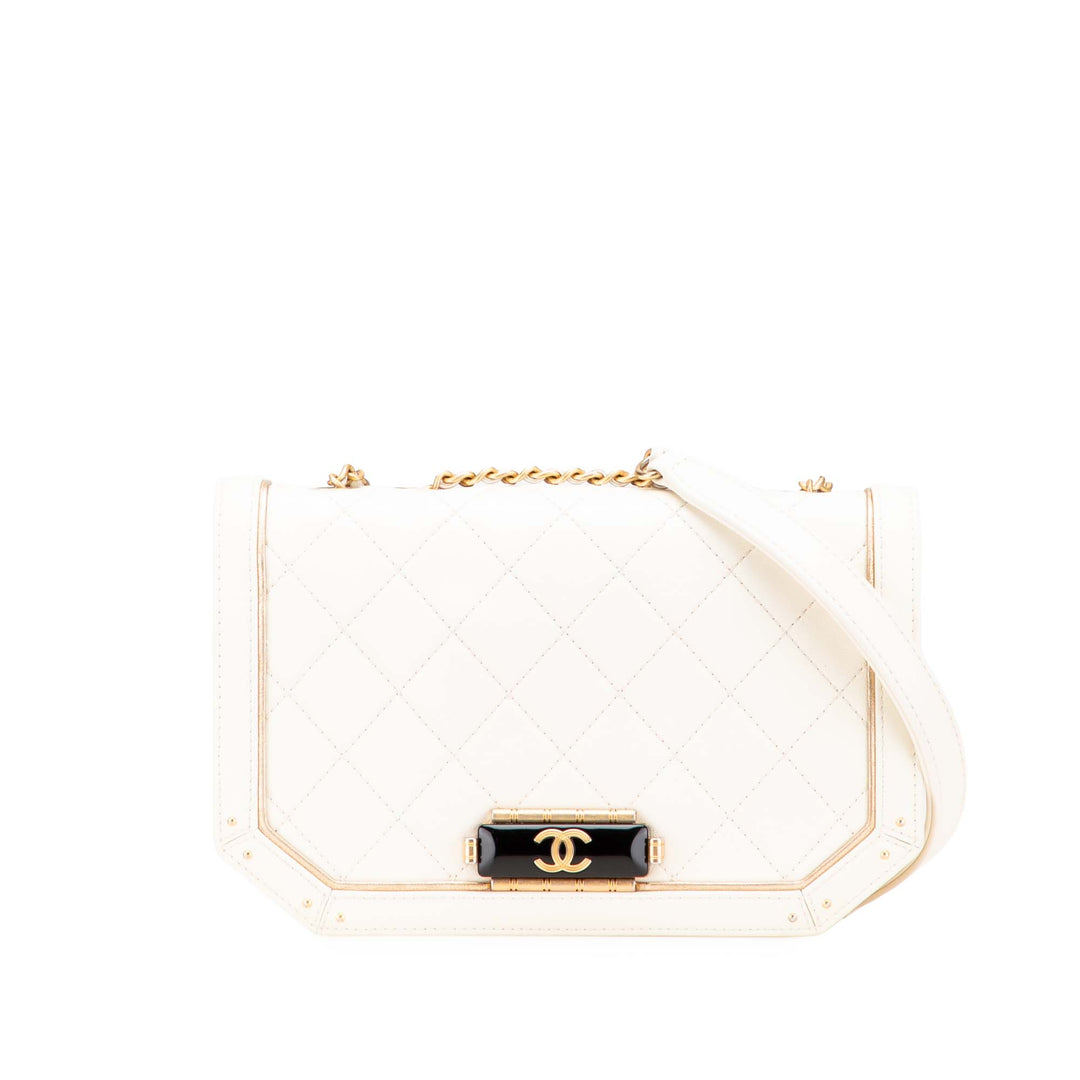 Small Quilted Calfskin Octagon CC Clasp Flap White - Gaby Paris