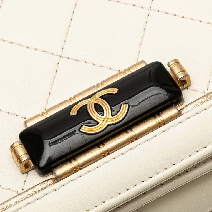 Small Quilted Calfskin Octagon CC Clasp Flap White - Gaby Paris