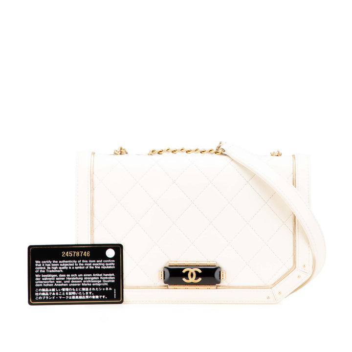 Small Quilted Calfskin Octagon CC Clasp Flap White - Gaby Paris