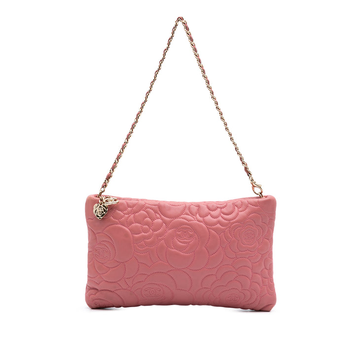 Embossed Lambskin Camellia Chain Pochette Pink - Gaby Paris