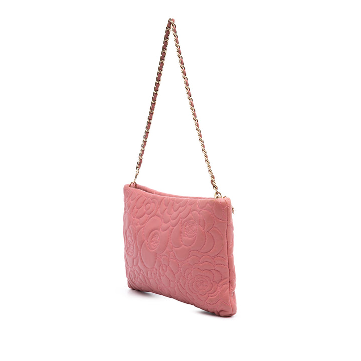 Embossed Lambskin Camellia Chain Pochette Pink - Gaby Paris