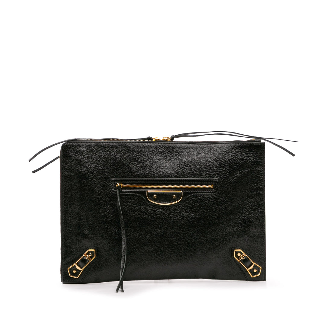 Goatskin Motocross Classic Metallic Edge Clutch Black - Gaby Paris