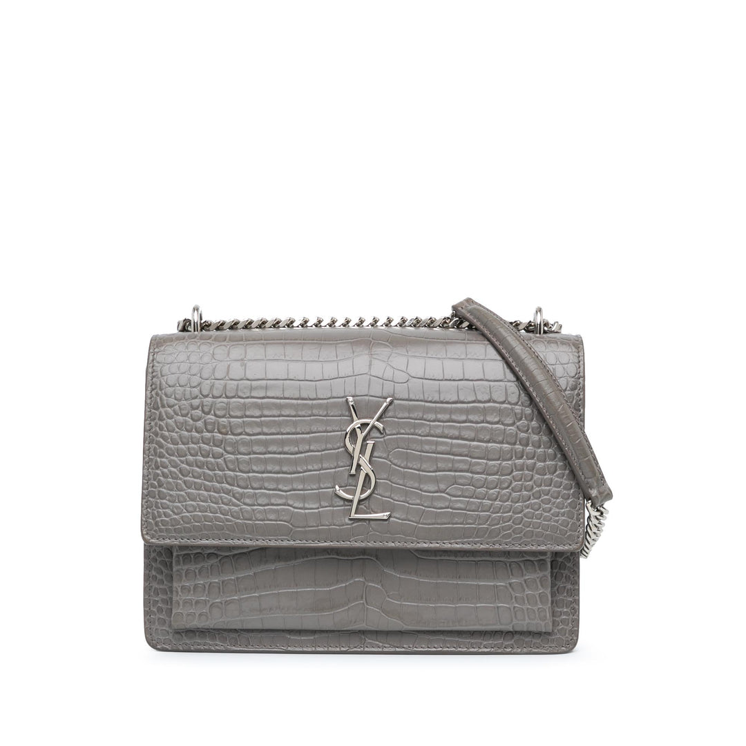 Saint Laurent Medium Croc Embossed Monogram Sunset Bag Gray - GABY PARIS