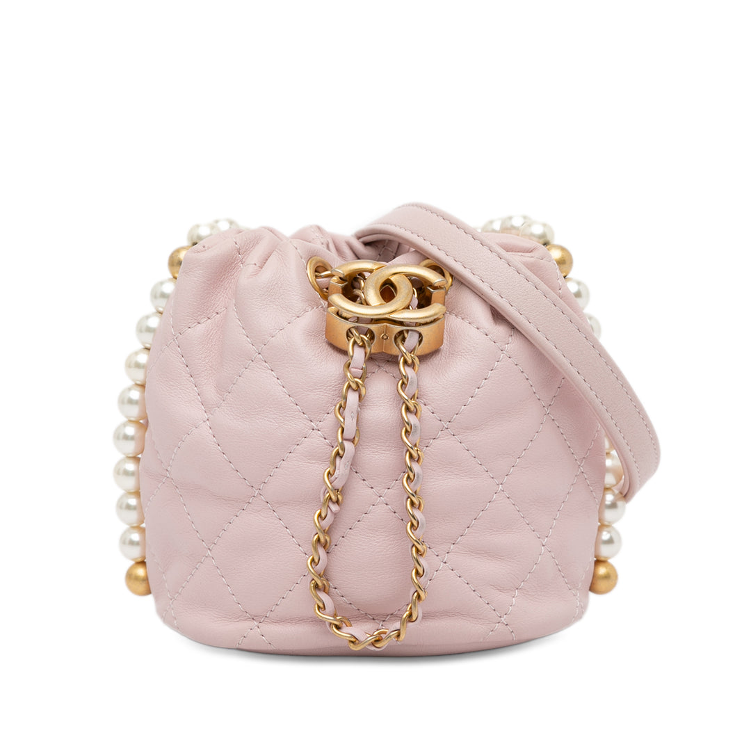 Mini Calfskin About Pearls Drawstring Bucket Bag Pink - Gaby Paris