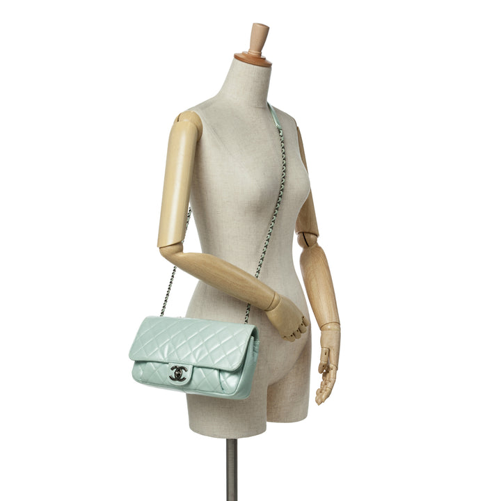 Medium Quilted Calfskin Coco Pleats Chain Flap Blue - Gaby Paris