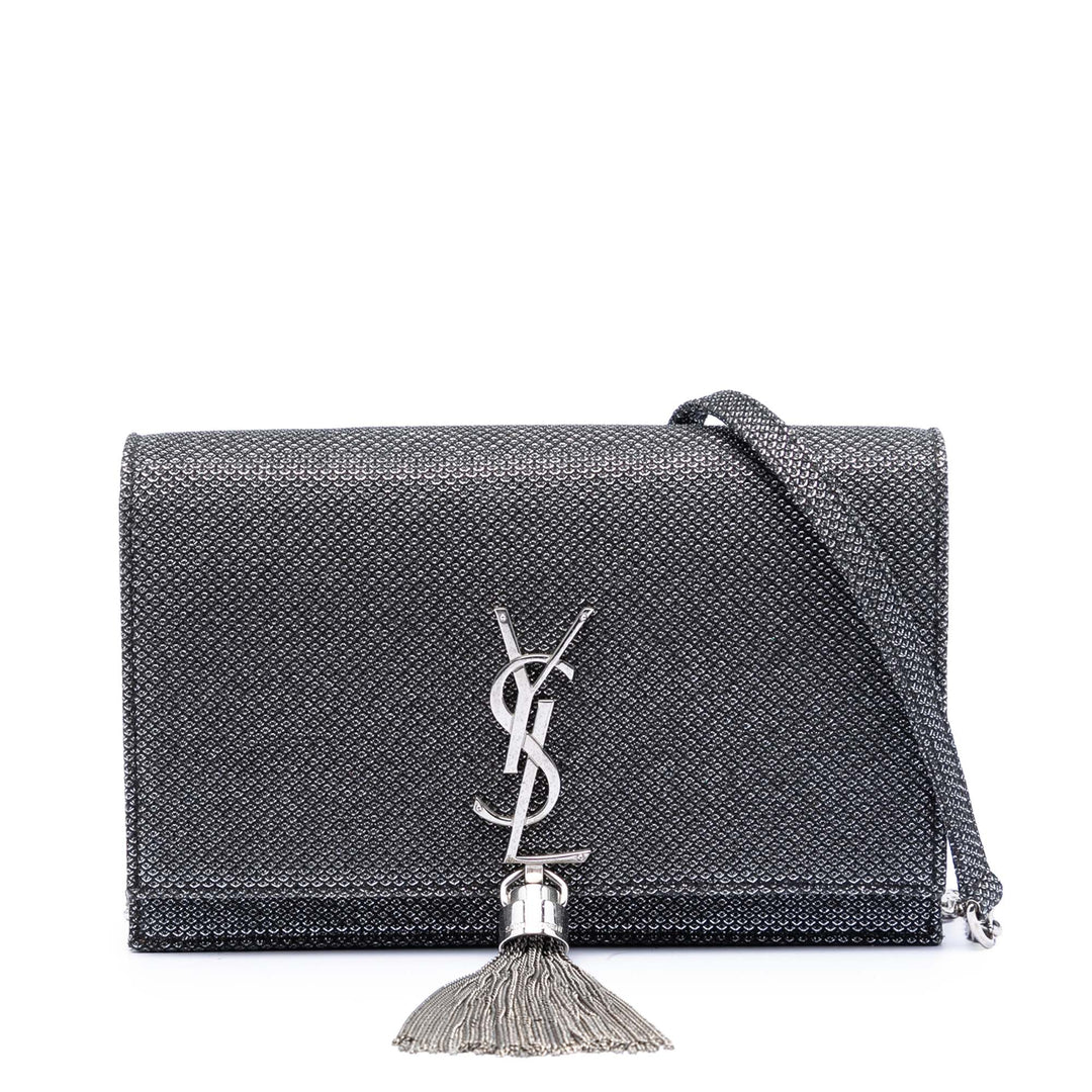 Saint Laurent Metallic Mesh Monogram Pompon Kate Wallet on Chain