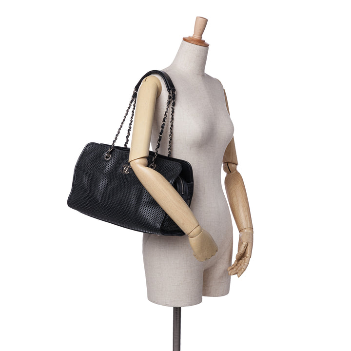 Perforated Calfskin Up In The Air East West Tote Black - Gaby Paris